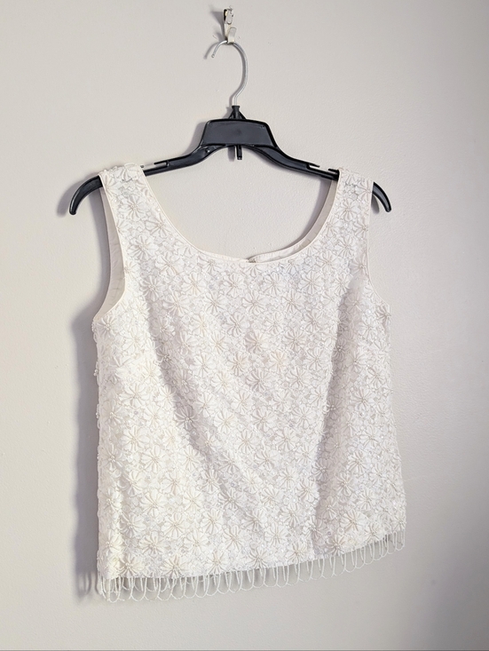 Vintage Tops - 60s Vintage Everfit Co. Ivory Pearl Beaded Shell Cocktail Top with Fringe